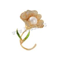 South Sea Shell broche, Messing, med Shell Pearl, Flower, mode smykker & Micro Pave cubic zirconia & for kvinde, gylden, nikkel, bly & cadmium fri, 35x56mm, Solgt af PC