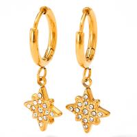 304 Cruach dhosmálta Huggie Hoop Buail Earring, Ocht Pointe Star, do bhean & le rhinestone, dathanna níos mó le haghaidh rogha, 10.80x29.50mm, Díolta De réir Péire