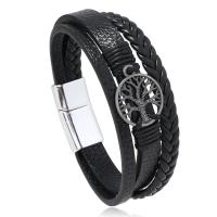 PU Leather Bracelet with Magnet & Zinc Alloy Tree antique silver color plated multilayer & for man black Length Approx 8.5 Inch Sold By PC