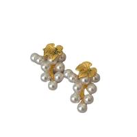 Messing oorbelknoppen, met Plastic Pearl, Druif, gold plated, voor vrouw, nikkel, lood en cadmium vrij, 35mm, Verkocht door pair