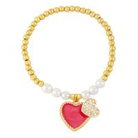 Brass Bracelet & Bangle with Plastic Pearl Heart Vacuum Ion Plating fashion jewelry & micro pave cubic zirconia & enamel nickel lead & cadmium free Length 17 cm Sold By PC