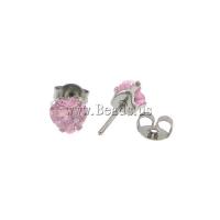 316L roestvrij staal Stud Earring, Hart, met zirkonia, roze, 6x6x14mm, 0.8mm, 10paren/Lot, Verkocht door Lot