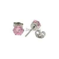 316L Stainless Steel Stud Earring, med cubic zirconia, lyserød, 6x6x14mm, 0.8mm, 10par/Lot, Solgt af Lot