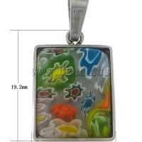 Millefiori sklo Přívěsek šperky, Nerezová ocel 316, s Murano Millefiori Vinuté, Obdélník, Původní barva, 13.20x19.20x4mm, Otvor:Cca 4x6.8mm, Prodáno By PC