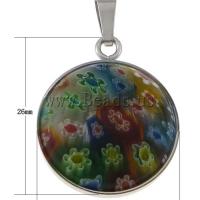 Millefiori sklo Přívěsek šperky, Nerezová ocel 316, s Murano Millefiori Vinuté, Flat Round, Původní barva, 21x26x6.80mm, Otvor:Cca 4x7.5mm, Prodáno By PC