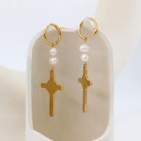 Cruach dhosmálta Buail Earring, 304 Cruach dhosmálta, le Pearl Plaisteacha, Cross, plátáilte, jewelry faisin, órga, 74mm, Díolta De réir Péire