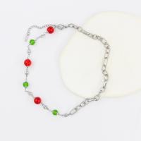 Roestvrij staal halskettingen, 304 roestvrij staal, met Lampwork, met 5cm extender keten, plated, mode sieraden, zilver, 10mm,7mm, Lengte 45 cm, Verkocht door PC