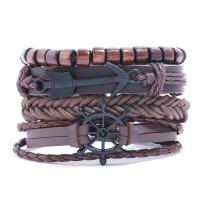 PU leder koord armbanden, met Wax & Hout & Zinc Alloy, Anker en schip wiel, Vintage & 4 stuks & uniseks, Lengte Ca 6.7-7 inch, Verkocht door Stel