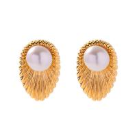 Messing Stud Earring, met Zoetwater Parel, Veer, gold plated, Vintage & voor vrouw, 15.40x22.70mm, Verkocht door pair