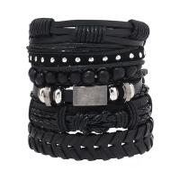 Bracelet cordon en cuir, cuir PVC, avec corde de cire & alliage de zinc, fait à la main, 6 pièces & Vintage & réglable & pour homme, noire, Longueur Environ 18-23 cm, Vendu par fixé