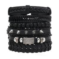 Bracelets cordon PU, cuir PU, avec alliage de zinc, fait à la main, 6 pièces & le style de punk & réglable & pour homme, noire, Longueur Environ 18-23 cm, Vendu par fixé