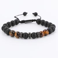 Pulseiras de pedras preciosas, Abrazine Stone, with olho de tigre & cobre, Roda, cromado de cor preta chumbo, ajustável & para o homem, preto, comprimento Aprox 16-28 cm, vendido por PC