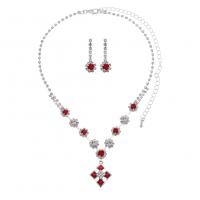 Set di gioielli , orecchino & Collana, strass, with ottone, placcato color argento, per la donna, rosso, 3.6cm,2.7cm, Lunghezza 51 cm, Venduto da set