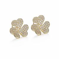 Messing oorbelknoppen, Three Leaf Clover, plated, mode sieraden & micro pave zirconia & voor vrouw, meer kleuren voor de keuze, nikkel, lood en cadmium vrij, 13.90x14.30mm, Verkocht door pair