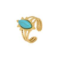 Acier inoxydable 304 Cuff Bague, avec turquoise, Plaqué d'or 18K, réglable & pour femme & creux, 12x18.30mm, Vendu par PC