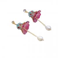 Pendientes de Gota en Latón, metal, con Perlas cultivadas de agua dulce & Cristal de murano, chapado, Joyería & con diamantes de imitación, Rosa, libre de níquel, plomo & cadmio, 60x27mm, Vendido por Par