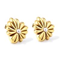 Stainless Steel Stud Earrings 304 Stainless Steel with Plastic Pearl Vacuum Ion Plating fashion jewelry & for woman golden Sold By Pair