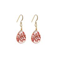 Glass Drop Earring with Dried Flower & Brass gold color plated & for woman Sold By Pair