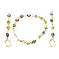 Ensemble de bijoux de mauvais œil, Bracelet & boucle d'oreille, laiton, Placage de couleur d'or, bijoux de mode & styles différents pour le choix & pour femme, protéger l'environnement, sans nickel, plomb et cadmium, 100x7x3mm,73x7x3mm, Vendu par fixé