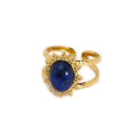 Acier inoxydable 304 Cuff Bague, avec Lapis lazuli, Plaqué d'or 18K, réglable & pour femme, 14x16mm, Vendu par PC