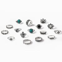 Zink-Legierungsring-Set, Zinklegierung, mit Opal & Türkis, silberfarben plattiert, 16 Stück & Modeschmuck & für Frau & Emaille, zwei verschiedenfarbige, verkauft von setzen