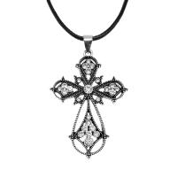 Sinc Alloy Jewelry muince, le Ciúbach Zirconia, Cross, dath airgid antique plátáilte, seanré & jewelry faisin, dathanna níos mó le haghaidh rogha, 37x53mm, Díolta Per 50 cm Snáithe