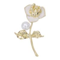 Zinc Alloy Brocher, med Plastic Pearl, Flower, guldfarve belagt, mode smykker & for kvinde & emalje, hvid, nikkel, bly & cadmium fri, 33x58mm, Solgt af PC