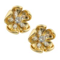 Goujon Laiton, fleur, Placage de couleur d'or, bijoux de mode & pavé de micro zircon & pour femme, protéger l'environnement, sans nickel, plomb et cadmium, 15x15x4mm, Vendu par paire