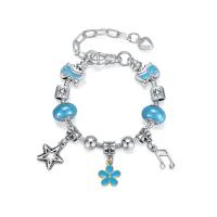 Zinc Alloy European armband, met Glazen kralen, Bloem, plated, verschillende lengte voor keuze & voor vrouw & glazuur, blauw, nikkel, lood en cadmium vrij, Verkocht door PC