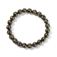 Bracelets de pierres précieuses, Obsidienne, Rond, bijoux de mode & unisexe & normes différentes pour le choix & or accentué, noire, Longueur Environ 19 cm, Vendu par PC