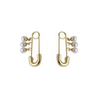 Pendientes de Gota en Latón, metal, con Perlas plásticas, Clip de papel, chapado en color dorado, Joyería & para mujer, libre de níquel, plomo & cadmio, 25mm, Vendido por Par