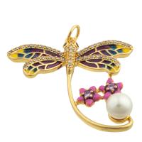 Terningformet Zirkon Micro Pave Messing vedhæng, med Plastic Pearl, Dragonfly, guldfarve belagt, mode smykker & du kan DIY & Micro Pave cubic zirconia & emalje, blandede farver, nikkel, bly & cadmium fri, 30x30x2mm, Solgt af PC