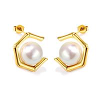 Stainless Steel Stud Earrings 304 Stainless Steel with Plastic Pearl Vacuum Ion Plating fashion jewelry & for woman golden Sold By Pair