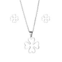 Roestvrij staal sieraden sets, Stud Oorbel & halsketting, 304 roestvrij staal, Four Leaf Clover, 2 stuks & mode sieraden & voor vrouw, zilver, Lengte Ca 17.72 inch, Verkocht door Stel