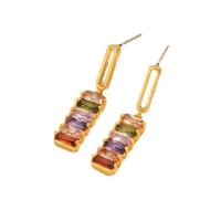 Boucles d'oreilles pendantes en laiton, avec zircon cubique, Plaqué d'or, bijoux de mode & pour femme, couleurs mélangées, protéger l'environnement, sans nickel, plomb et cadmium, 7x30mm, Vendu par paire