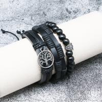 Cuero de PU Pulsera, con aleación de zinc, Árbol de la vida, chapado, multicapa & para hombre, Negro, diámetro interior:aproximado 60mm, Vendido por Set