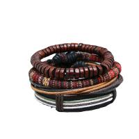 Bracciale corda in pelle, Pelle sintetica, with vestito & legno, 4 pezzi & multistrato & unisex, color caffè, 20x0.90mm, Diametro interno:Appross. 60mm, Venduto da set