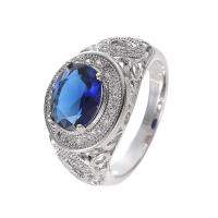 Bague Zircon cubique en laiton, avec zircon cubique, ovale, Plaqué de platine, bijoux de mode & normes différentes pour le choix & pavé de micro strass & pour femme & facettes, bleu, protéger l'environnement, sans nickel, plomb et cadmium, Vendu par PC