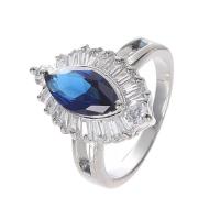 Bague Zircon cubique en laiton, avec zircon cubique, oeil de cheval, Plaqué de platine, bijoux de mode & unisexe & normes différentes pour le choix & facettes, bleu, protéger l'environnement, sans nickel, plomb et cadmium, Vendu par PC