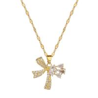 Acier titane collier, avec laiton, avec 2inch chaînes de rallonge, Noeud papillon, Plaqué d'or, pavé de micro zircon & pour femme, Longueur Environ 15.7 pouce, Vendu par PC