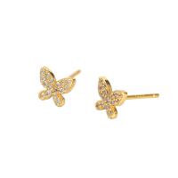 925 Sterling Sølv Stud Earring, Butterfly, forgyldt, for kvinde & med rhinestone, flere farver til valg, 6.30x5.50mm, Hole:Ca. 5mm, Solgt af par