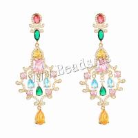 Pendientes de Gota en Latón, metal, chapado en oro real, Joyería & micro arcilla de zirconia cúbica & para mujer, color mixto, libre de níquel, plomo & cadmio, 63x25mm, Vendido por Par