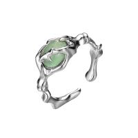 argent sterling 925 Cuff Bague, avec aventurine vert, Plaqué de platine, réglable & pour femme, 6x8mm, Taille:5.5-7.5, Vendu par PC