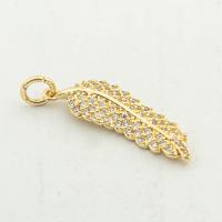 Messing hanger met micro-paved kubieke zirconia's, Blad, hoge kwaliteit gold plated, DIY & micro pave zirconia, nikkel, lood en cadmium vrij, 32x9x3mm, Gat:Ca 0.3mm, Ca 30pC's/Lot, Verkocht door Lot