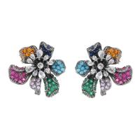 Pendientes de Perno en Latón, metal, Flor, chapado, Joyería & micro arcilla de zirconia cúbica & para mujer, más colores para la opción, libre de níquel, plomo & cadmio, 25mm, Vendido por Par