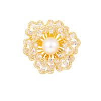 Plástico Broche Perla, metal, con Perlas plásticas, Flor, chapado en oro real, Joyería & micro arcilla de zirconia cúbica & para mujer, libre de níquel, plomo & cadmio, 41x45mm, Vendido por UD