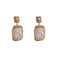 Brass Drop Earring with Plastic Pearl Square real gold plated fashion jewelry & for woman nickel lead & cadmium free Sold By Pair