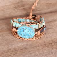 Pulsera de Turquesa, Turquesa natural, con cordón de cuero & metal & aleación de zinc, con 2cm extender cadena, Óvalo, chapado en color dorado, Ajustable & multicapa & unisexo, azul, longitud aproximado 50 cm, Vendido por UD