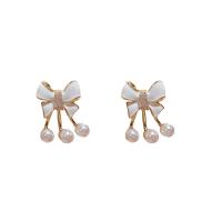 Brass Drop Earring with Plastic Pearl Bowknot real gold plated fashion jewelry & for woman & enamel white nickel lead & cadmium free Sold By Pair