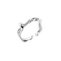 plata de ley 925 Anillo de dedo Cuff, con Shell Pearl, chapado en platina real, Estilo coreano & ajustable & para mujer, tamaño:5.5-7.5, Vendido por UD